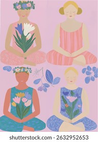Clipart vintage girls, boho women, seated, meditation, calm and peace, pastel colors, pink, white, lilac, purple, soft delicate, hand painted, acrylic and gouache vector illustration feminine