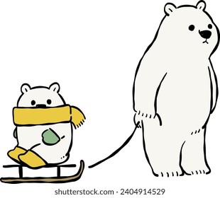 Clipart of a White Bear and Cub Having Fun Sledding