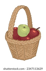 Clipart of wicker basket of apples. Doodles of autumn garden harvest. Cartoon vector illustration isolated on white background.