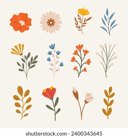 Clipart of wildflowers on light background. Abstract set of branches with flowers and leaves. Plants for decoration. Meadow flowers vector. Summer floral collection.