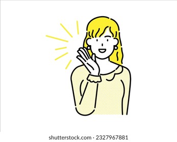Clipart of a woman in yellow clothes and yellow hair holding a yellow blank advertising banner card. 