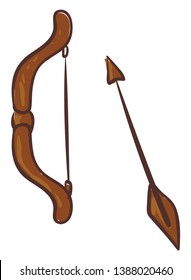 Clipart of a wooden bow and arrow that stands upright and ready to be shot by a bowman  vector  color drawing or illustration