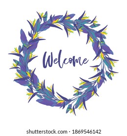 Clipart wreath with tropical flowers and leaves on white background. Vector flat botany set for banner with lettering Welcome