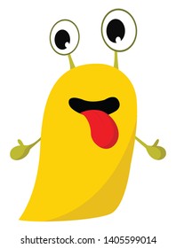 Clipart of a yellow monster with tongue hanging out, hands stretched out and projecting eyes rolled down looks happy, vector, color drawing or illustration. 