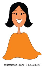 Clipart of a young girl in a brown top that has a round neckline design and a cropped hairstyle in her black hair is laughing, vector, color drawing or illustration. 
