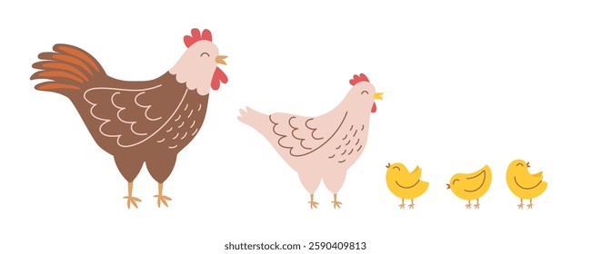 Cliparts of chicken family - rooster, hen and chickens isolated on white. Farm animals. Vector hand drawn illustration.