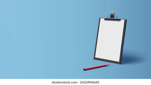 Clipboard 3d illustration with blank while piece of paper and pencil on the table, realistic render illustration