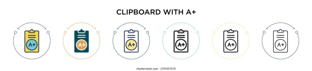 Clipboard with a+ icon in filled, thin line, outline and stroke style. Vector illustration of two colored and black clipboard with a+ vector icons designs can be used for mobile, ui, web