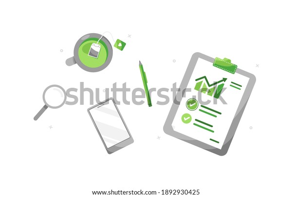 Clipboard with accounting report. Profit impact of\
marketing strategy. Checklist templates. Business employee\
workplace. Green. Eps\
10
