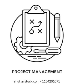 Clipboard with adobe illustrating diagram, some drawing tools and cog with screwdriver, driving concept for project management icon 