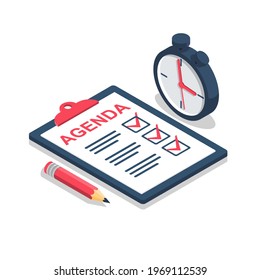 Clipboard agenda. Monitoring time stopwatch. Pencil for report. Vector illustration isometric design. Isolated on background. White sheets with marks.