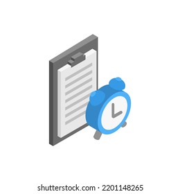Portapapeles y reloj despertador, icono isométrico.