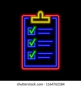 Clipboard with all checked boxes neon sign. Bright glowing symbol on a black background. Neon style icon. 