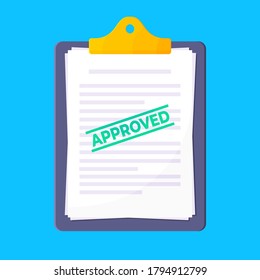 Clipboard With Approved Claim Or Credit Loan Form On It, Paper Sheets And Approved Stamp Flat Style Design Vector Illustration. Concept Of Verify Document, Cv Resume, Insurance Application Form.