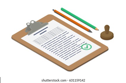 Clipboard With Approved Document Accompanied By Pen, Pencil And Stamp. Isometric Vector Illustration