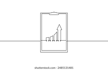 Clipboard with arrow up. Continuous one line drawing of bar chart. Business growth icon. Single line art of graph. Increasing arrow sign symbol