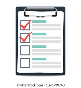 Clipboard with attached checklist or task list. Realistic vector illustration isolated on white background