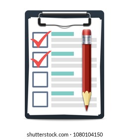 Clipboard with attached checklist or task list and pencil. Realistic vector illustration isolated on white background
