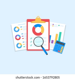 clipboard. Audit research vectors icon, financial report data analysis, analytics accounting concept with charts and diagrams. Clipboard vector template. Vector illustration.10 eps.