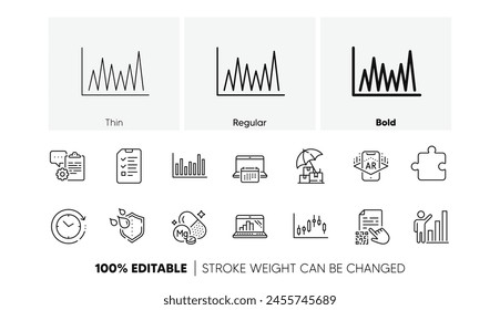 Clipboard, Augmented reality and Calendar line icons. Pack of Graph laptop, Bar diagram, Puzzle icon. Graph chart, Waterproof, Delivery insurance pictogram. Time change, Qr code, Interview. Vector