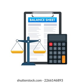 Clipboard with Balance sheet with calculator. Financial reports statement and documents. Vector stock illustration.