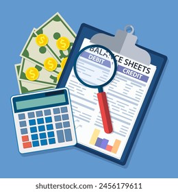 Clipboard with balance sheet and magnifying glass. Financial reports statement, calculator and documents. Accounting, bookkeeping, debit and credit calculations. Vector illustration in flat style