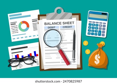 Clipboard with balance sheet and pen. Calculator money balance. Financial reports statement and documents. Accounting, bookkeeping, audit debit and credit calculations. Vector illustration flat style