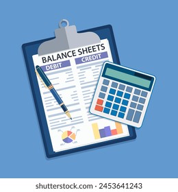 Clipboard with balance sheet and pen. Financial reports statement, calculator and documents. Accounting, bookkeeping, debit and credit calculations. Vector illustration in flat style