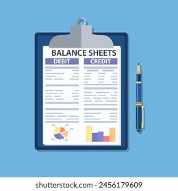 Clipboard with balance sheet and pen. Financial reports statement and documents. Accounting, bookkeeping, debit and credit calculations. Vector illustration in flat style