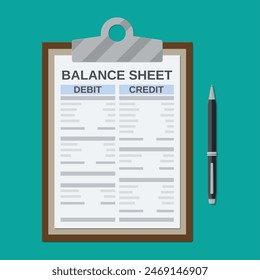 Clipboard with balance sheet and pen. Financial reports statement and documents. Accounting, bookkeeping, debit and credit calculations. Vector illustration in flat style