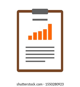 clipboard with bar chart shows performance statistics report on white paper isolated on white background. vector illustration