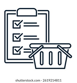 Clipboard, basket. Shopping list concept. Vector linear icon isolated on white background.
