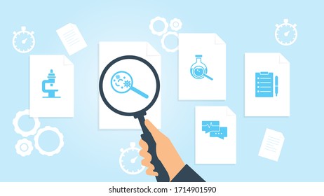 Clipboard, biology, pen file, document research vector illustration. Document with search icons. File and magnifying glass. Analytics research sign. Vector Illustration