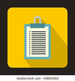Clipboard with blank checklist form icon in flat style on a yellow background
