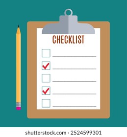 Clipboard with blank checklist form and pencil , to-do list and planning project with office supplies. Flat icon modern design style vector illustration concept.