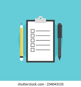 Clipboard with blank checklist form, to-do list and planning project with office supplies. Flat icon modern design style vector illustration concept.