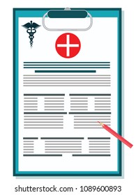 Clipboard - blank with medical symbols - Caduceus and white cross on red background - isolated - art vector