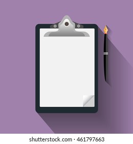 Clipboard ,Blank Paper, with Fountain Pen Flat designed Vector Illustration