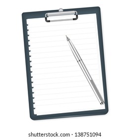 Clipboard with blank paper and pen on a white background. Vector illustration