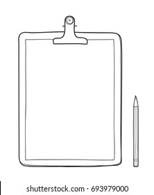 Clipboard With Blank Paper And A Pencil Hand Drawn Vector Line Art Illustration