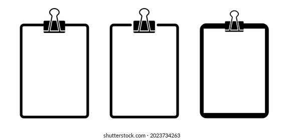 Portapapeles con una hoja de papel en blanco. Bordes de clips de papel metálico con placa. Pinza aglutinante de clip de oficina de dibujo. Adjuntado, adjuntar documento o archivo. Concepto de encuadernación de vectores o escuelas