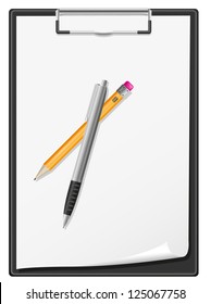 clipboard blank sheet of paper pen and pencil vector illustration isolated on white background