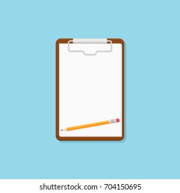 Clipboard with blank sheet of paper and pencil isolated on blue background. Flat style icon. Vector illustration.