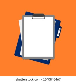 clipboard with blank white paper and document file folder isolated on orange color background. vector illustration