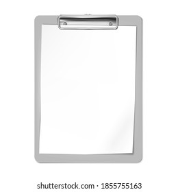 Clipboard with blank white paper sheet, realistic vector mock-up. Writing board with metal clip, mockup. Template for design.