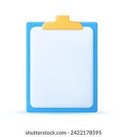 clipboard with blank white paper. White volumetric sheet of paper . 3d rendering icon isolated template. Vector illustration