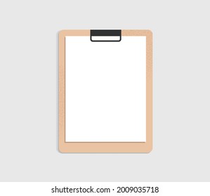 Clipboard with a blank white sheet of paper for taking notes, writing, planning. Top view of a document on a light grey background. Isolated flat vector illustration