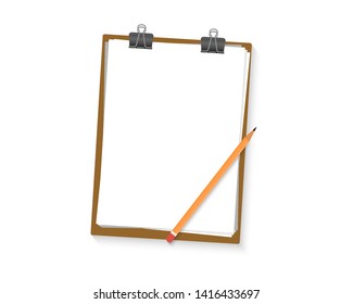 Clipboard with blank white sheet and pencil. Paper clipboard border. Blank empty clipboard mockup. Free space for text