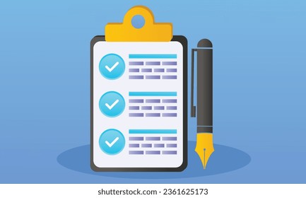 Clipboard with a blue check mark and a black pen.on blue background.Vector Design Illustration.