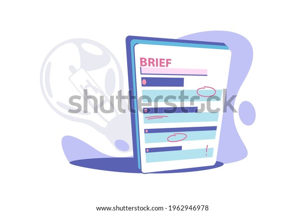 Clipboard brief paper vector\
illustration. Business brief with red marks flat style. Short\
review with information. Summary or brief concept. Isolated on\
white background